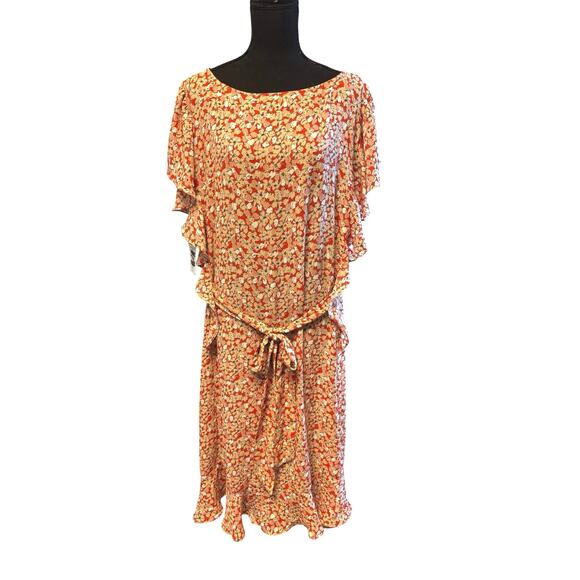 Max Studio NWOT Women's Plus Size 3X Flutter Sleeve Waist Tie Dress Floral Boho - Picture 1 of 6